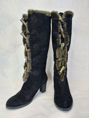 Vianni Suede Leather Knee High Heeled Boots Women US 7.5 Faux Fur Button Up Glam